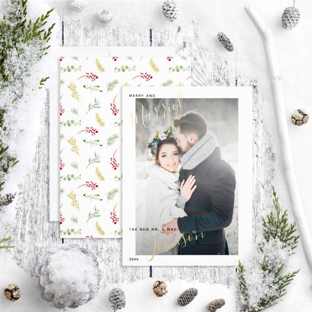 Carte De Vœux En Aluminium Merry & Marié Gold Winter Wedding Photo (Créateur téléchargé)