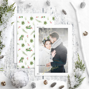 Carte De Vœux En Aluminium Merry & Marié Modern Holly Berry Mariage Photo