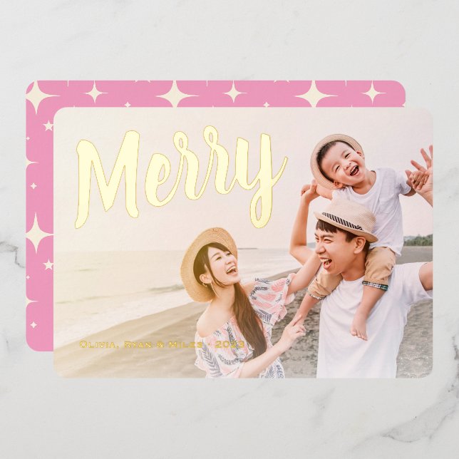 Carte De Vœux En Aluminium Merry Pink Retro Sparkle Or Métallisé (Recto/Verso)
