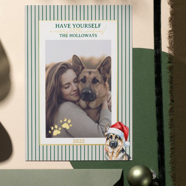 Carte De Vœux En Aluminium Merry Woofmas aquarelle berger allemand (Send Paw-liday Greetings with this Merry Woofmas Watercolor German Shepherd Foil Holiday Card! )