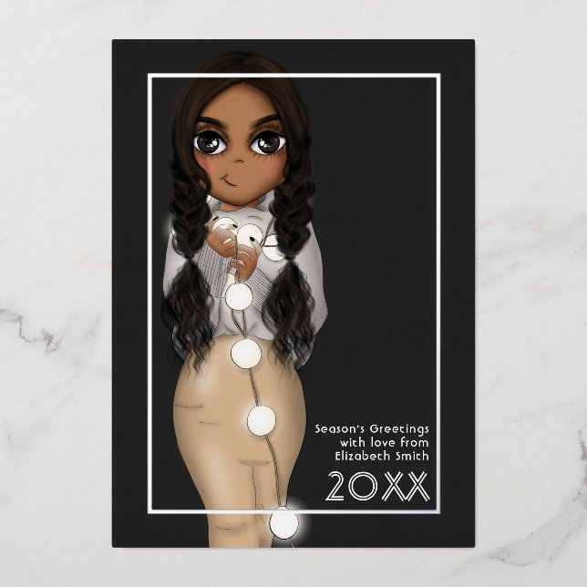 Carte De Vœux En Aluminium Mignonnes lumières de Noël Africaine Américaine (Recto)