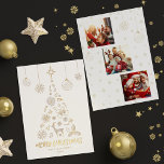 Carte De Vœux En Aluminium Minamaliste White Christmas Tree 3 Photo Collage<br><div class="desc">Ce design est composé d'un silhoutte d'arbre de Noël minamaliste blanc et or, composé d'illustrations de noël telles que des flocons de neige, des saints et des baies, des rennes, des cloches, du sucre de canne et plus encore. Vous pouvez customiser tout le texte. Au dos se trouve un montage...</div>