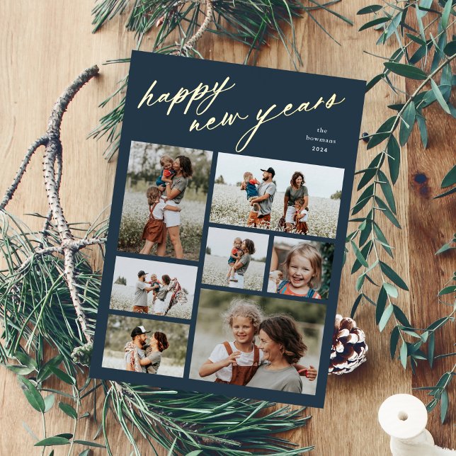 Carte De Vœux En Aluminium Mini 7 photo Collage Script Bonne année (Elegant Script Happy New Years 7 Photo Collage Foil Holiday Card.)