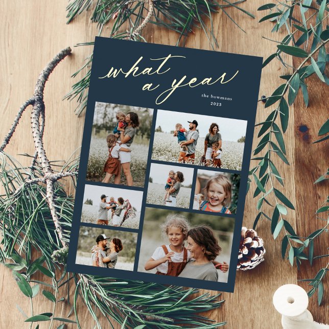 Carte De Vœux En Aluminium Mini 7 photo Collage Script Quelle année (Elegant What a year 7 Photo Collage Christmas Holiday New Year Cards.)