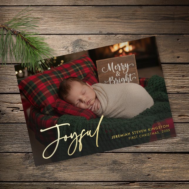 Carte De Vœux En Aluminium Minimal Baby First Christmas Joyful Photo (Minimal Baby First Christmas Joyful Photo Foil Holiday Card)