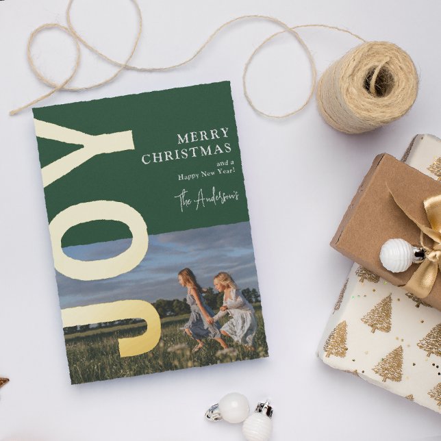 Carte De Vœux En Aluminium Minimal JOY Noël Photo Réel Papier D'or Fêtes (Créateur téléchargé)