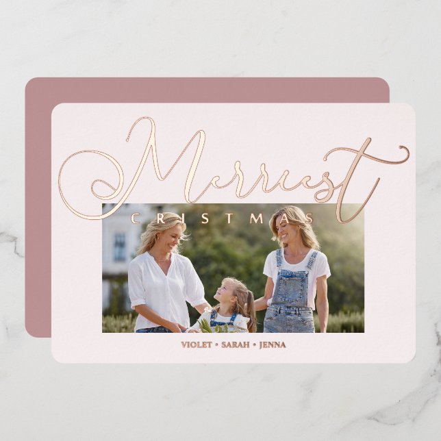 Carte De Vœux En Aluminium Minimal Pink Photo Merriest Christmas Typography (Recto/Verso)