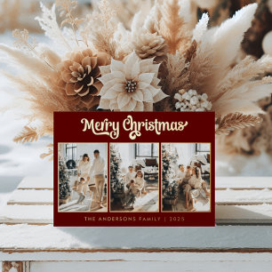 Carte De Vœux En Aluminium Minimal Trois Photo Rouge Bourgogne Joyeux Noël 