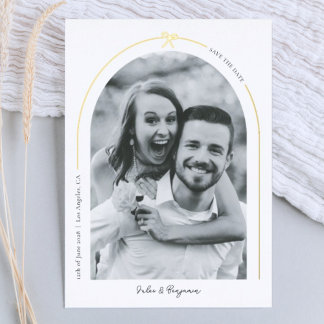 Carte De Vœux En Aluminium Minimalist Gold Arch with Bow Photo Save the Date