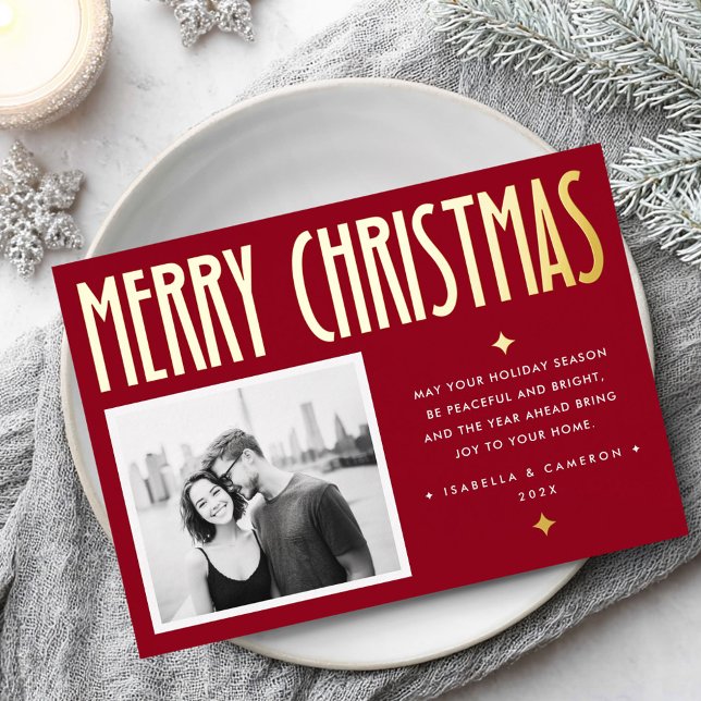 Carte De Vœux En Aluminium Minimalist Merry Christmas modern retro deep red (Minimalist Merry Christmas modern retro deep red Foil Holiday Card)