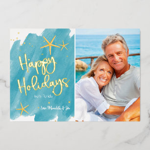 Carte De Vœux En Aluminium Minimaliste Plage Aquarelle Joyeuses Fêtes