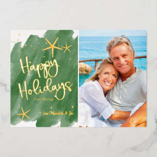 Carte De Vœux En Aluminium Minimaliste Vert & Or Plage Aquarelle Tropicale