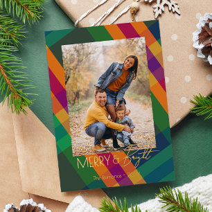 Carte De Vœux En Aluminium Modèle de photo de Noël Merry & Bright à carreaux 