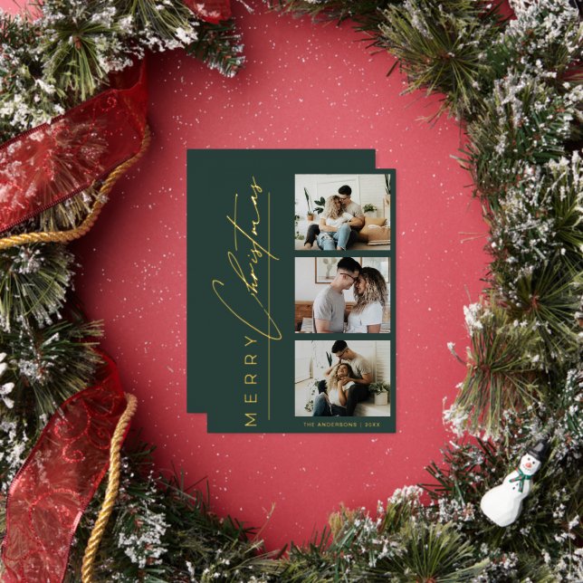 Carte De Vœux En Aluminium Modern 3 Photo Minimalist Green Christmas Script (Insitu)