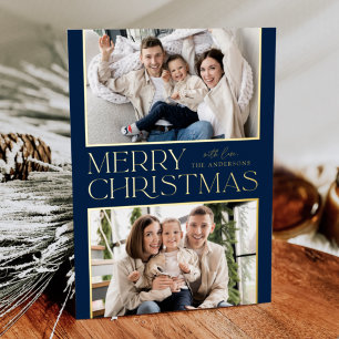 Carte De Vœux En Aluminium Modern Christmas 2 Photo Navy and Gold