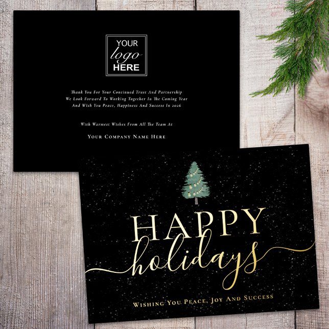 Carte De Vœux En Aluminium Modern Christmas Tree Company Logo Black & Gold (Simple Christmas tree and lights happy holidays company logo black & gold foil business holiday card)
