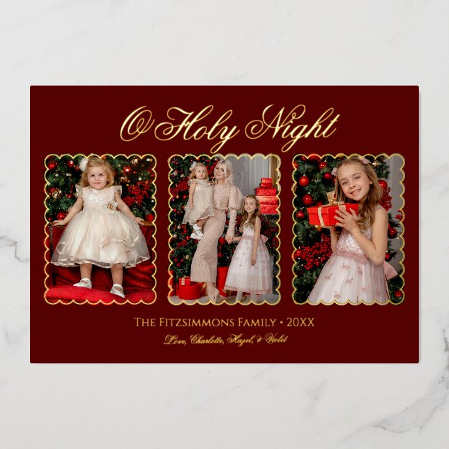 Carte De Vœux En Aluminium Modern Classic 3 Photos Family Foil Christmas Card (Recto)