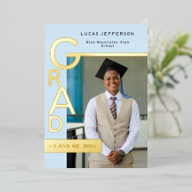 Modern Cool Blue Graduation Announcement Gold foil