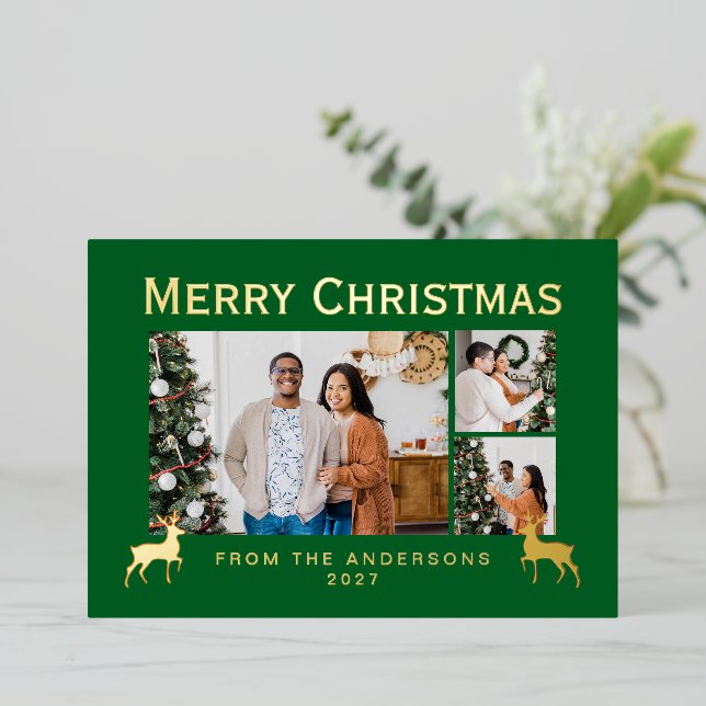 Carte De Vœux En Aluminium Modern Family 3 Photo Collage Elegant Christmas (Debout devant)
