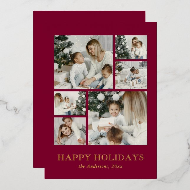 Carte De Vœux En Aluminium Modern Family Photo Collage Red Christmas (Recto/Verso)
