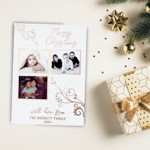 Carte De Vœux En Aluminium Modern Foliage 3 Photo Collage Gold Rose