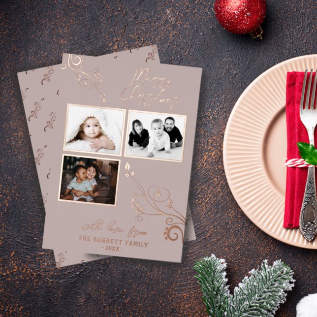 Carte De Vœux En Aluminium Modern Foliage Real Foil 3 Photo Collage (Créateur téléchargé)