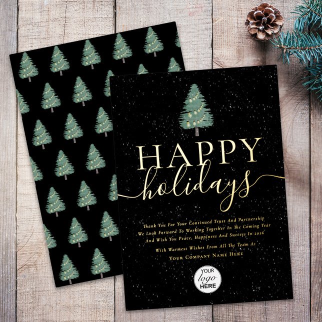 Carte De Vœux En Aluminium Modern Happy Holidays Business Logo Black & Gold (Modern elegant happy holidays corporate logo black & gold foil business holiday card)