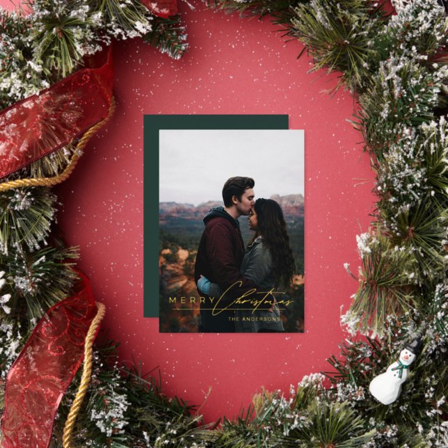 Carte De Vœux En Aluminium Modern Minimalist Script 1 Photo Green Christmas (Insitu)