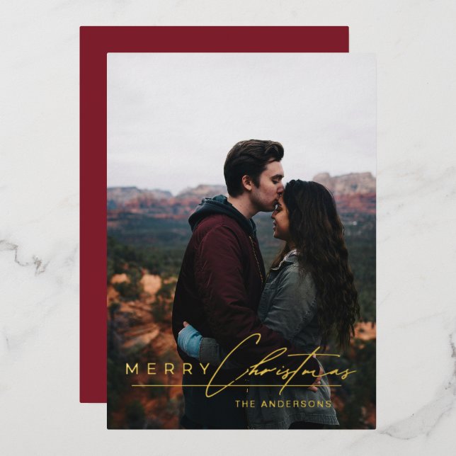 Carte De Vœux En Aluminium Modern Minimalist Script 1 Photo Red Christmas (Recto/Verso)