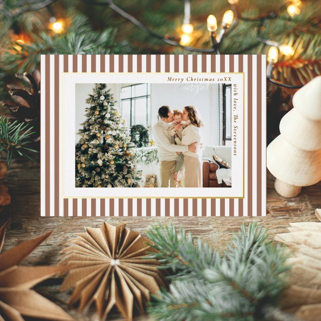 Carte De Vœux En Aluminium Modern Mocha Brown Stripes Photo Christmas Gold (Créateur téléchargé)