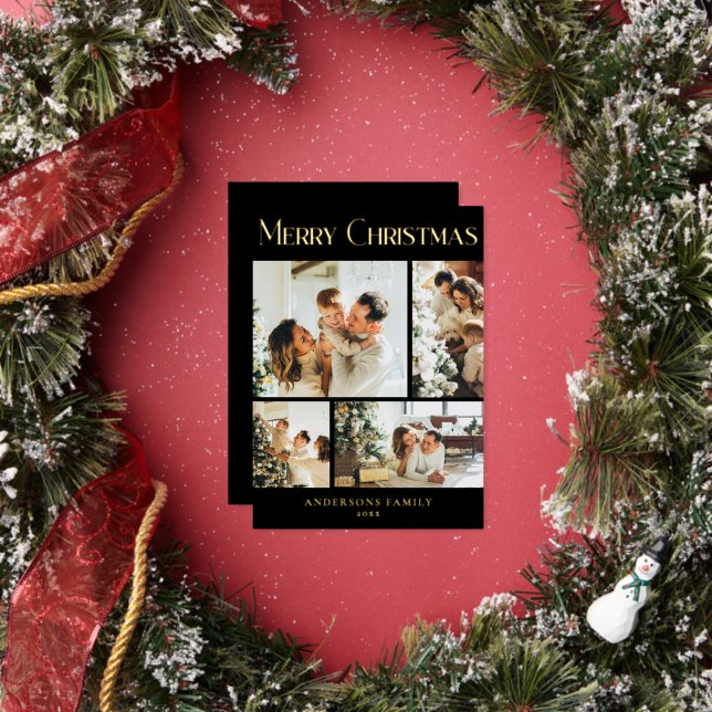 Carte De Vœux En Aluminium Modern Photo Collage Minimal Black Merry Christmas (Insitu)