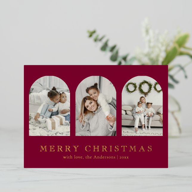 Carte De Vœux En Aluminium Modern Red Elegant Arch Photo Collage Christmas (Debout devant)