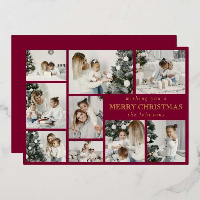 Carte De Vœux En Aluminium Modern Red Stylish Multi Photo Grid Holiday Card (Recto/Verso)