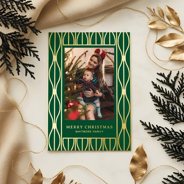 Carte De Vœux En Aluminium Modern Retro Ornament Pattern Photo Christmas (Modern Retro Ornament Pattern Photo Christmas Foil Holiday Card)
