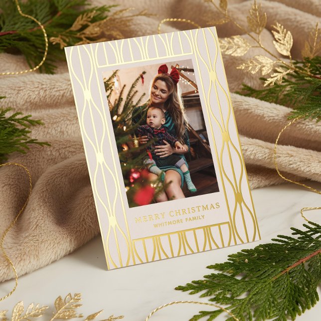 Carte De Vœux En Aluminium Modern Retro Ornament Pattern Photo Christmas (Modern Retro Ornament Pattern Photo Christmas Foil Holiday Card)