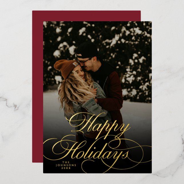 Carte De Vœux En Aluminium Modern Script & Arch 1 Photo Red Christmas Card (Recto/Verso)