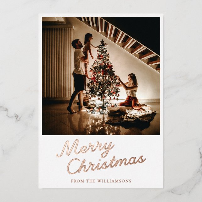 Carte De Vœux En Aluminium Modern Script Photo White Christmas Rose Gold (Recto)