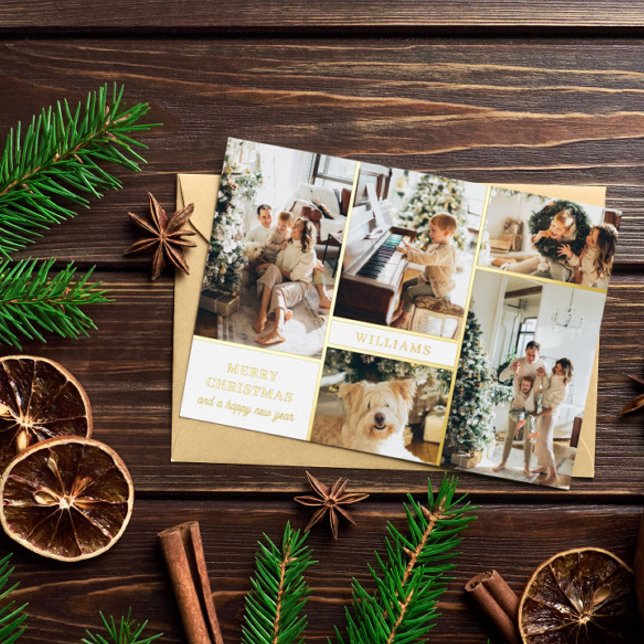 Carte De Vœux En Aluminium Modern White Gold Photo Collage Merry Christmas (Créateur téléchargé)