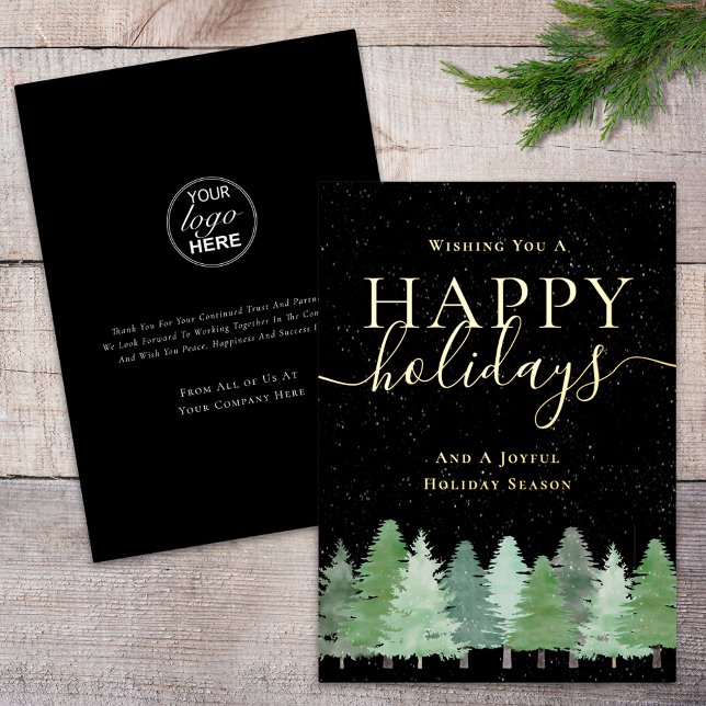 Carte De Vœux En Aluminium Modern Winter Woodland Company Logo Black & Gold (Modern woodland snow company logo happy holidays black and gold foil business holiday card)