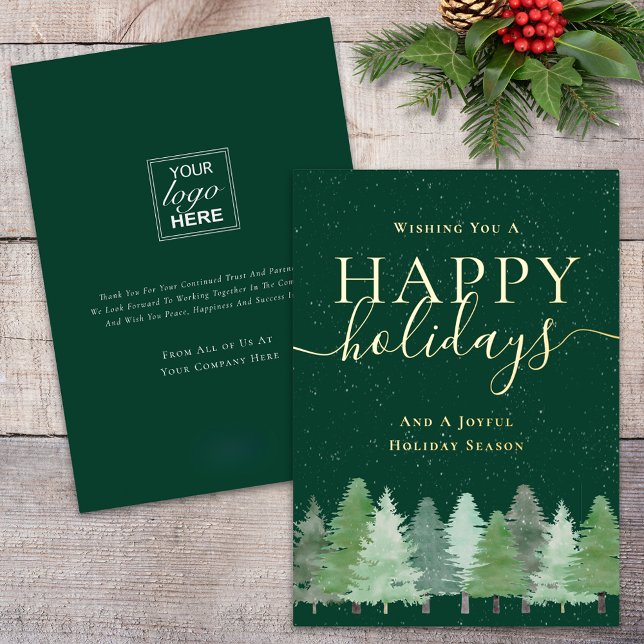 Carte De Vœux En Aluminium Modern Winter Woodland Company Logo Green & Gold (Modern winter woodland square company logo green & gold foil script business holiday flat card)