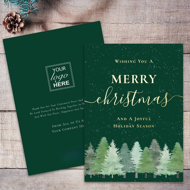 Carte De Vœux En Aluminium Modern Woodland Snow Your Company Logo Green Gold (Modern elegant script woodland snow company logo happy holidays red and gold foil greetings card)