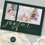 Carte De Vœux En Aluminium Moderne 2 Script photo Joyeux Noël Vert<br><div class="desc">Moderne 2 Script Photo Joyeux Noël. Une touche de véritable feuille pour la typographie à l'avant en or, argent ou or rose pour ce design minimaliste. Joyful est dans un script stylé, et personnalisez facilement avec votre nom et salut sur le dos et remplacez les deux exemples d'images par les...</div>