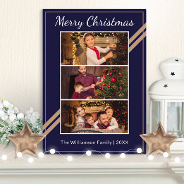 Carte De Vœux En Aluminium Moderne 3 Photos Collage Marine Bleu Joyeux Noël