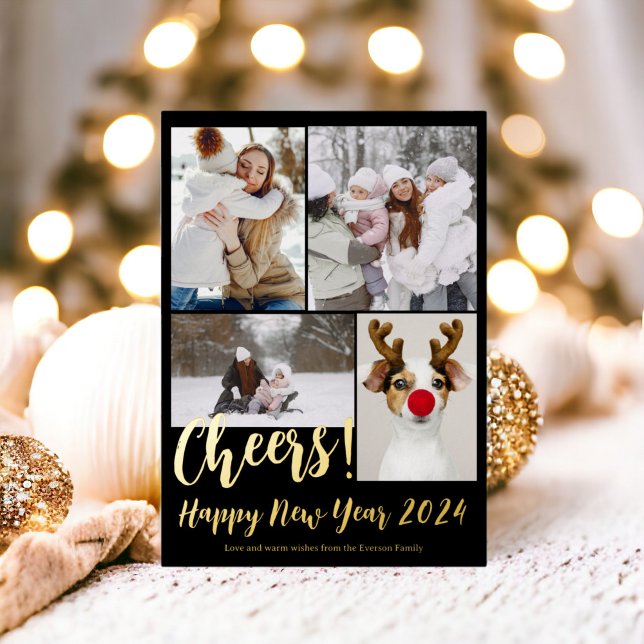 Carte De Vœux En Aluminium Moderne 5 photos applaudissent Bonne année 2024 (Modern 5 photos cheers Happy new year 2024 Foil Holiday Card)