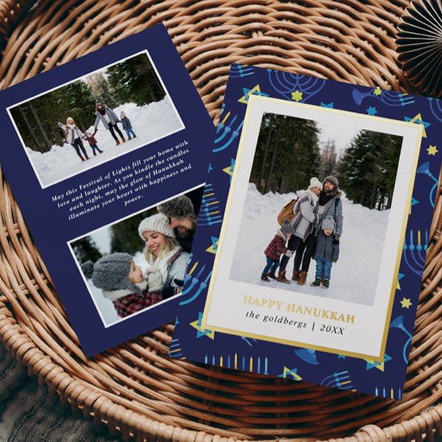 Carte De Vœux En Aluminium Moderne Bleu Jaune Menorah Étoiles 3 Photos Hanouk (Créateur téléchargé)