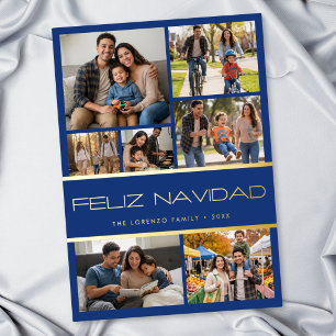 Carte De Vœux En Aluminium Moderne Blue 7 Photo Collage Feliz Navidad