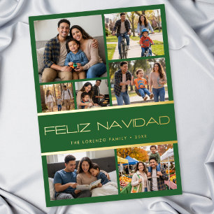 Carte De Vœux En Aluminium Moderne Collage de 7 Photos Feliz Navidad Vert