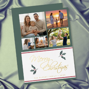Carte De Vœux En Aluminium Moderne Collage de Photos de Noël avec du Houx Joy