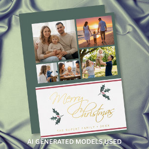 Carte De Vœux En Aluminium Moderne Collage de Photos de Noël avec du Houx Joy