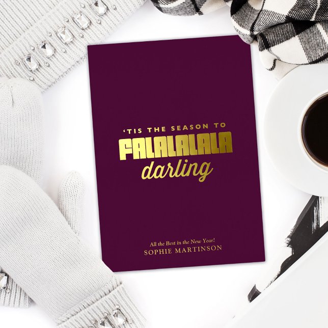 Carte De Vœux En Aluminium Moderne Falalalala Darling Non-Photo (Falalalala Darling Holiday Card with real foil-FRONT)